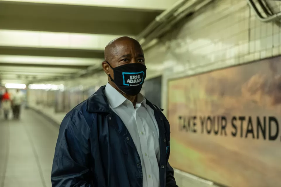 New York City Politicians wears a mask at a New York subway station during the COVID-19 pandemic.